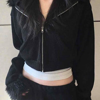 Vintage Fur Cuff Ribbed Y2K Crop Zip-Up Hoodie