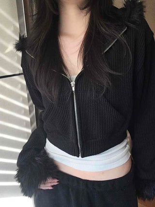 Vintage Fur Cuff Ribbed Y2K Crop Zip-Up Hoodie