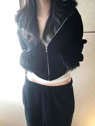 Vintage Fur Cuff Ribbed Y2K Crop Zip-Up Hoodie