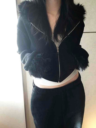 Vintage Fur Cuff Ribbed Y2K Crop Zip-Up Hoodie