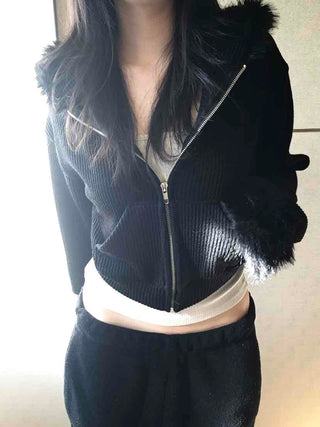 Vintage Fur Cuff Ribbed Y2K Crop Zip-Up Hoodie