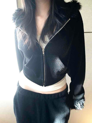 Vintage Fur Cuff Ribbed Y2K Crop Zip-Up Hoodie