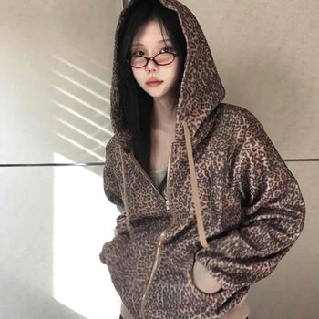 Vintage Leopard Print Fuzzy Fleece Drawstring Zip-up