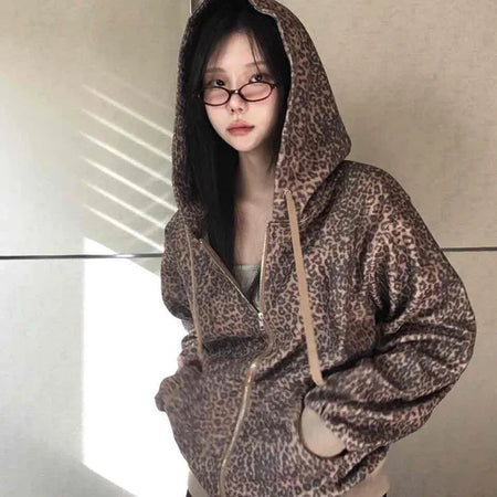 Vintage Leopard Print Fuzzy Fleece Drawstring Zip-up