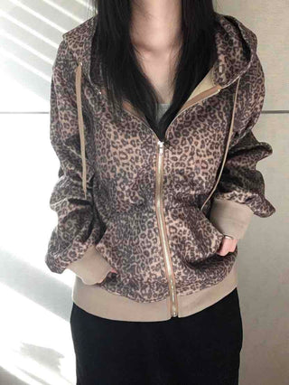 Vintage Leopard Print Fuzzy Fleece Drawstring Zip-up