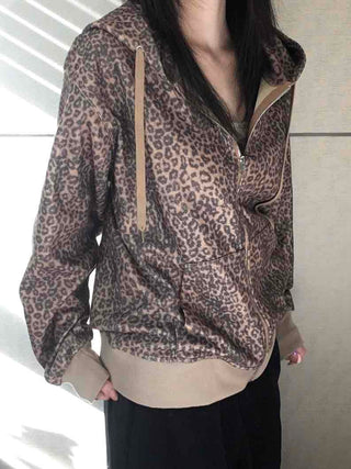 Vintage Leopard Print Fuzzy Fleece Drawstring Zip-up