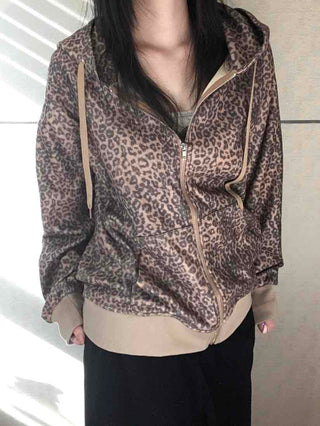 Vintage Leopard Print Fuzzy Fleece Drawstring Zip-up