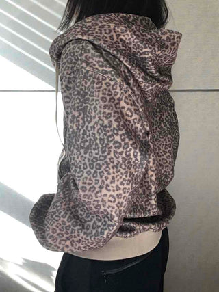 Vintage Leopard Print Fuzzy Fleece Drawstring Zip-up