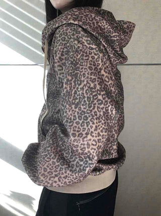 Vintage Leopard Print Fuzzy Fleece Drawstring Zip-up