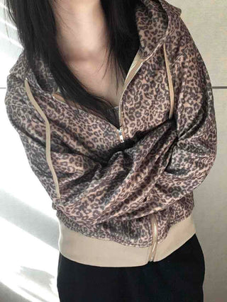 Vintage Leopard Print Fuzzy Fleece Drawstring Zip-up
