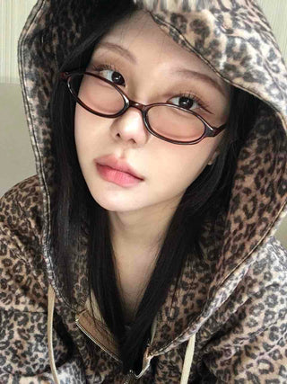 Vintage Leopard Print Fuzzy Fleece Drawstring Zip-up