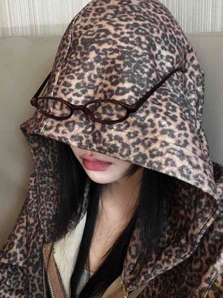 Vintage Leopard Print Fuzzy Fleece Drawstring Zip-up