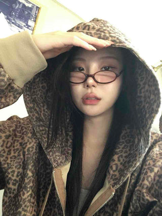 Vintage Leopard Print Fuzzy Fleece Drawstring Zip-up