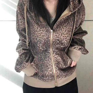 Vintage Leopard Print Fuzzy Fleece Drawstring Zip-up