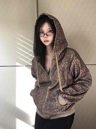Vintage Leopard Print Fuzzy Fleece Drawstring Zip-up
