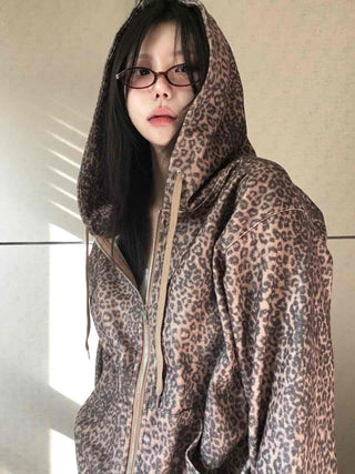 Vintage Leopard Print Fuzzy Fleece Drawstring Zip-up