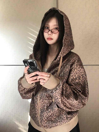 Vintage Leopard Print Fuzzy Fleece Drawstring Zip-up