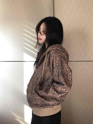 Vintage Leopard Print Fuzzy Fleece Drawstring Zip-up