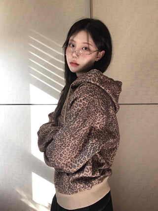 Vintage Leopard Print Fuzzy Fleece Drawstring Zip-up
