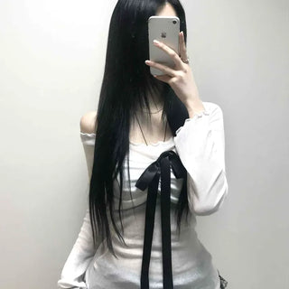 Black Ribbon-Trimmed Layered Round Neck Long Sleeve Tee