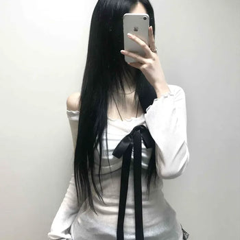 Black Ribbon-Trimmed Layered Round Neck Long Sleeve Tee