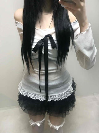 Black Ribbon-Trimmed Layered Round Neck Long Sleeve Tee