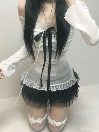 Black Ribbon-Trimmed Layered Round Neck Long Sleeve Tee