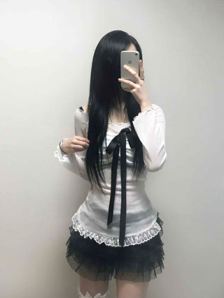 Black Ribbon-Trimmed Layered Round Neck Long Sleeve Tee