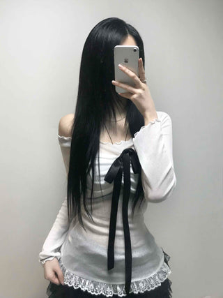 Black Ribbon-Trimmed Layered Round Neck Long Sleeve Tee