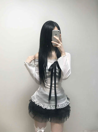 Black Ribbon-Trimmed Layered Round Neck Long Sleeve Tee