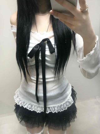 Black Ribbon-Trimmed Layered Round Neck Long Sleeve Tee