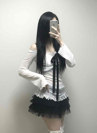 Black Ribbon-Trimmed Layered Round Neck Long Sleeve Tee