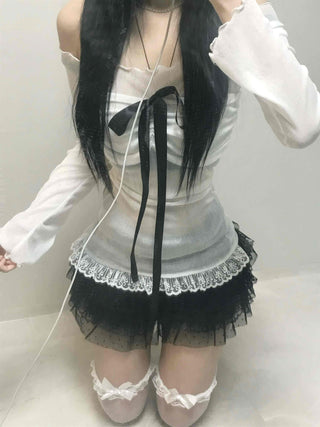 Black Ribbon-Trimmed Layered Round Neck Long Sleeve Tee