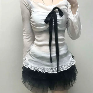 Black Ribbon-Trimmed Layered Round Neck Long Sleeve Tee