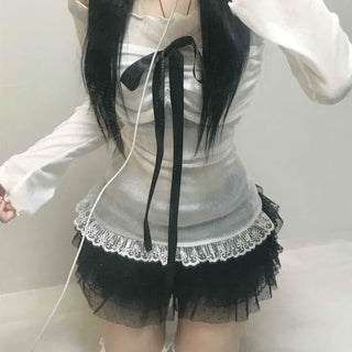 Black Ribbon-Trimmed Layered Round Neck Long Sleeve Tee