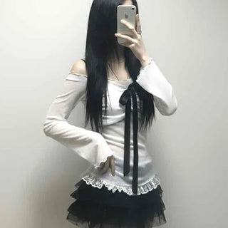 Black Ribbon-Trimmed Layered Round Neck Long Sleeve Tee