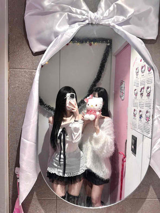 Black Ribbon-Trimmed Layered Round Neck Long Sleeve Tee