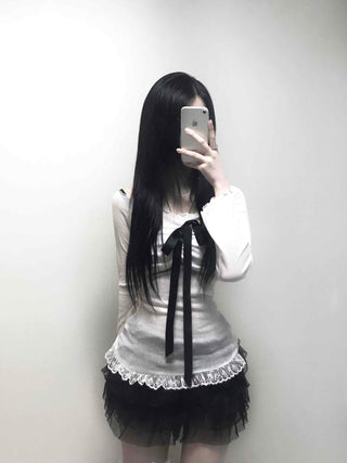 Black Ribbon-Trimmed Layered Round Neck Long Sleeve Tee