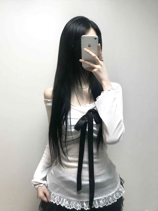 Black Ribbon-Trimmed Layered Round Neck Long Sleeve Tee
