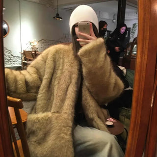 Large Collar Open-Type Voluminous Sleeve Long Fur Coat