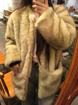 Large Collar Open-Type Voluminous Sleeve Long Fur Coat