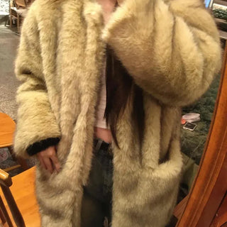 Large Collar Open-Type Voluminous Sleeve Long Fur Coat