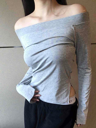 Vintage shoulder sleeve oversized round neck long-sleeve t-shirt
