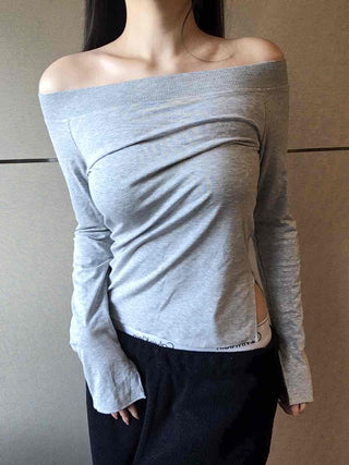 Vintage shoulder sleeve oversized round neck long-sleeve t-shirt