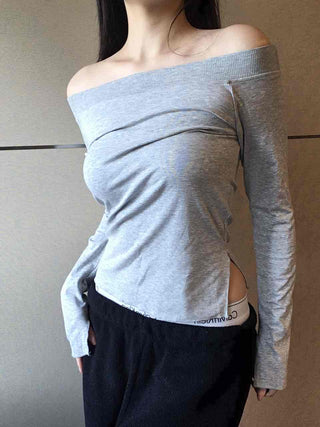 Vintage shoulder sleeve oversized round neck long-sleeve t-shirt