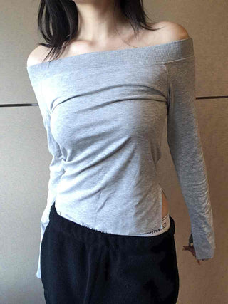 Vintage shoulder sleeve oversized round neck long-sleeve t-shirt
