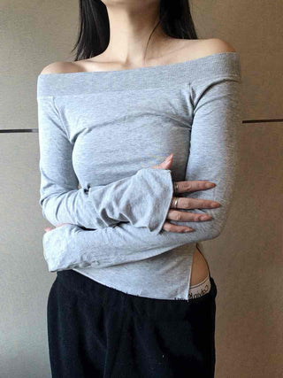 Vintage shoulder sleeve oversized round neck long-sleeve t-shirt