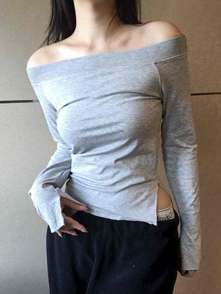 Vintage shoulder sleeve oversized round neck long-sleeve t-shirt