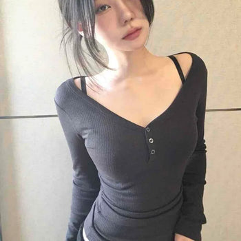 Slim Button Point Square Neck Ribbed Long Sleeve Tee