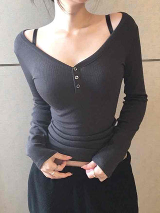 Slim Button Point Square Neck Ribbed Long Sleeve Tee